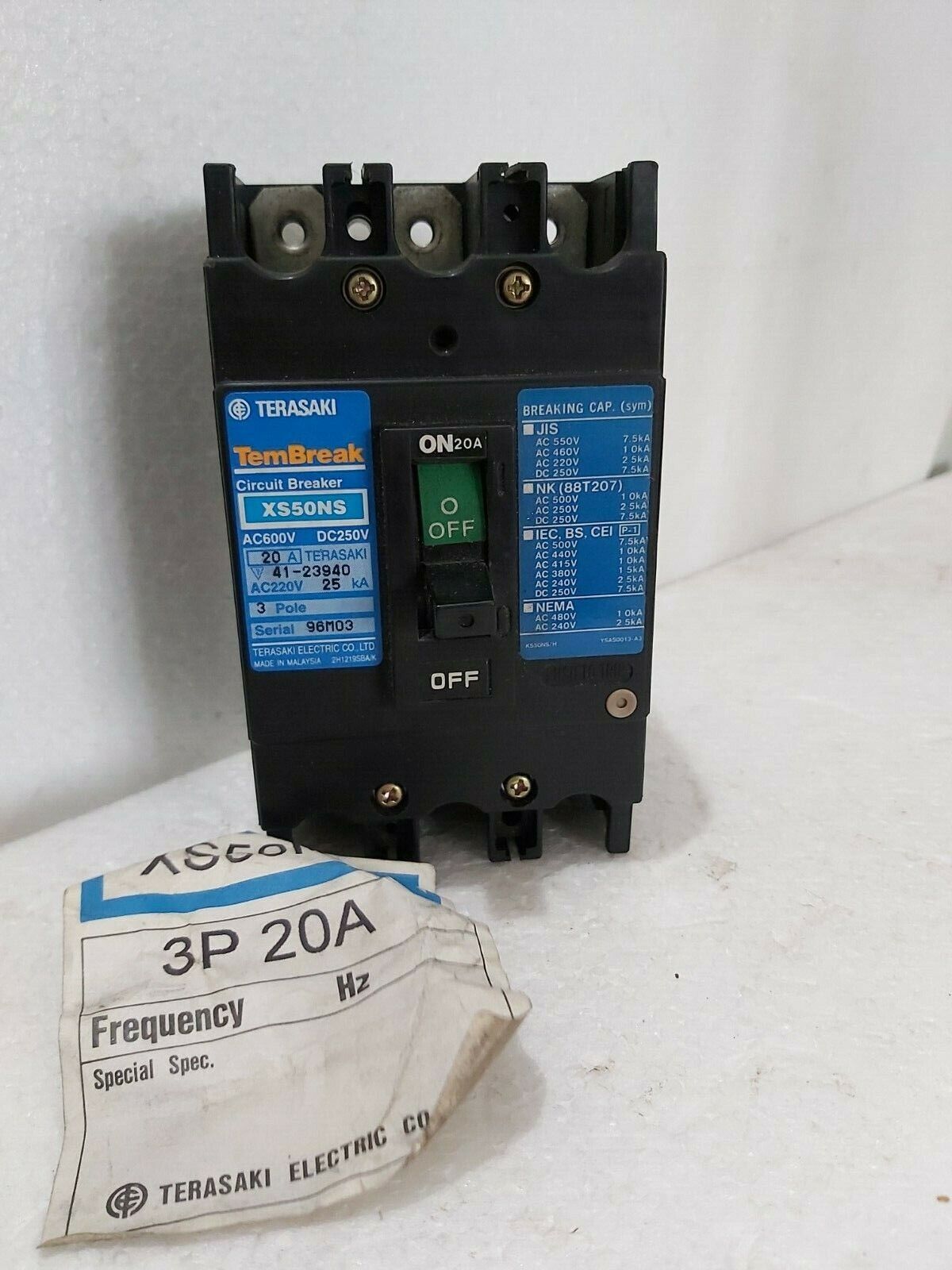 TEMBREAK XS50NS 20AMP 3-POLE AC600V DC250V CIRCUIT BREAKER TERASAKI 