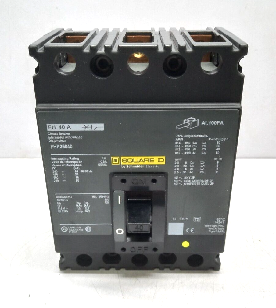 Square D FHP36040 Circuit Breaker 40A 3P 600VAC 250VDC 50/60Hz FH 40A