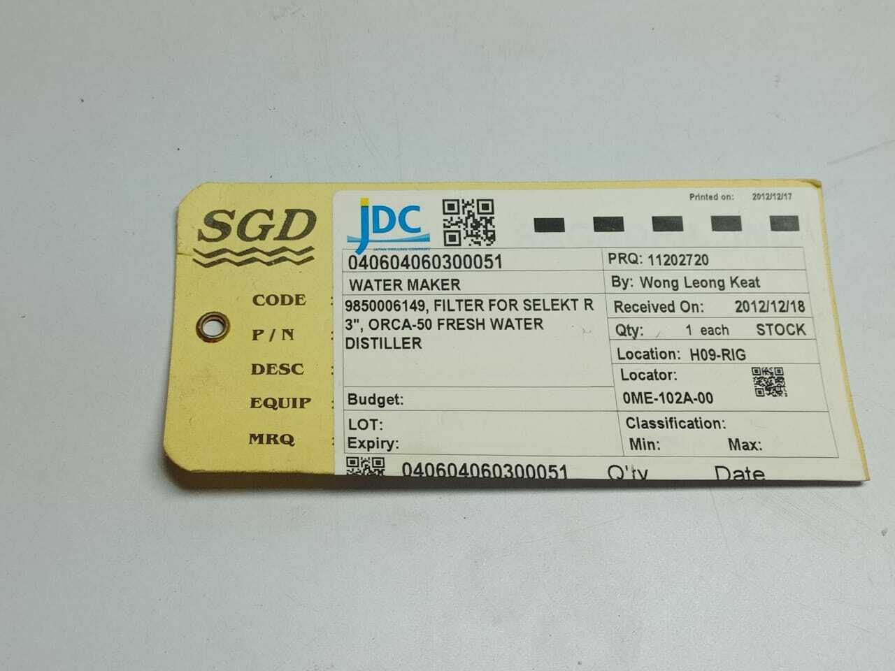 ALfa Laval 9850006149 Filter For socket R 3” ORCA-50 Fresh Water Distiller