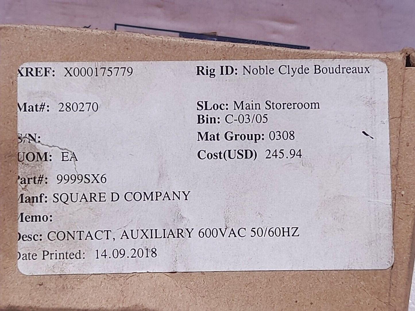 Square D 9999SX7 Auxiliary Contact 600VAC 50/60Hz