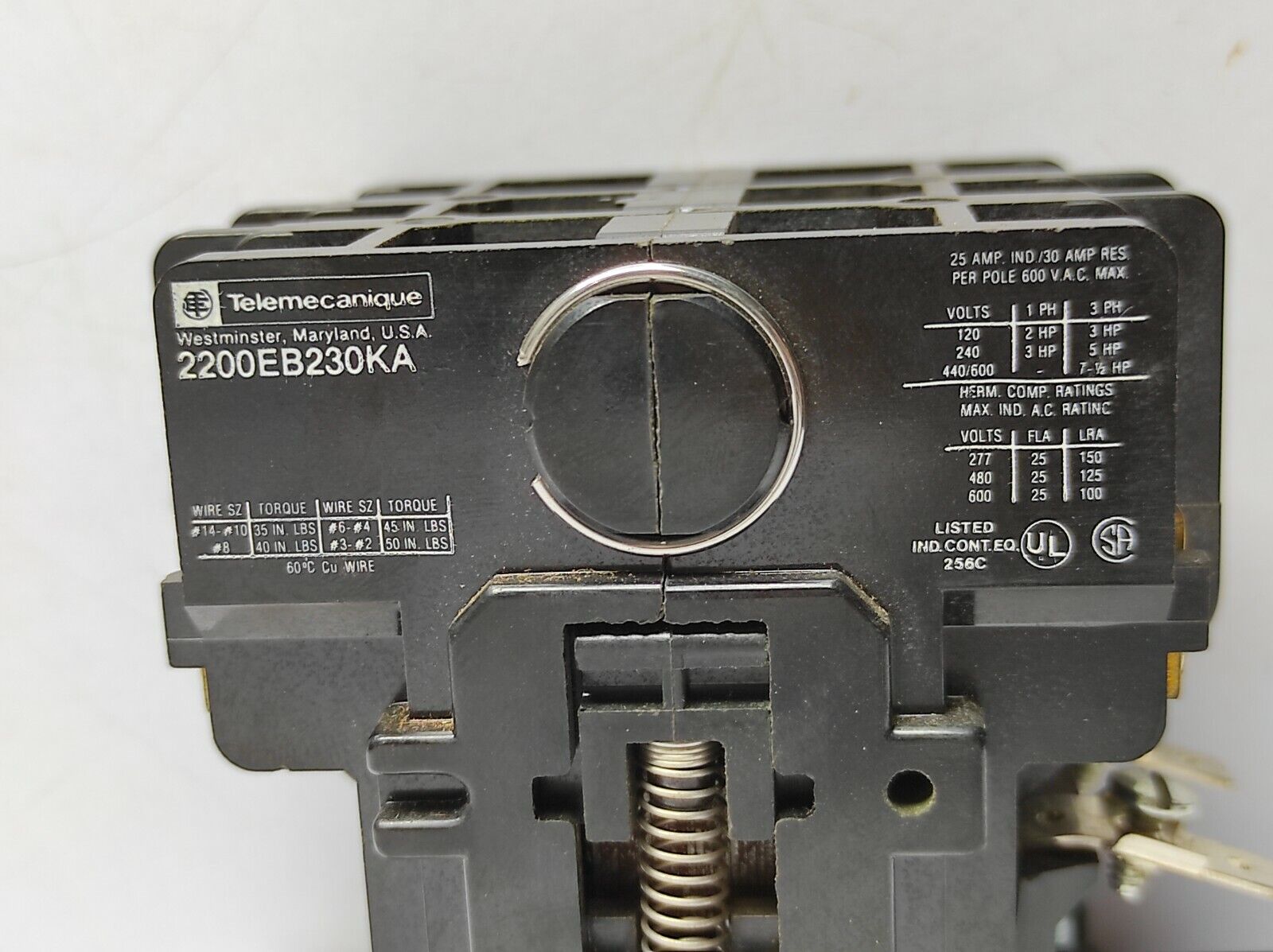 Telemecanique 2200EB230KA Contactor 25AMP IND./30 AMP RES. Per Pole 600VAC Max