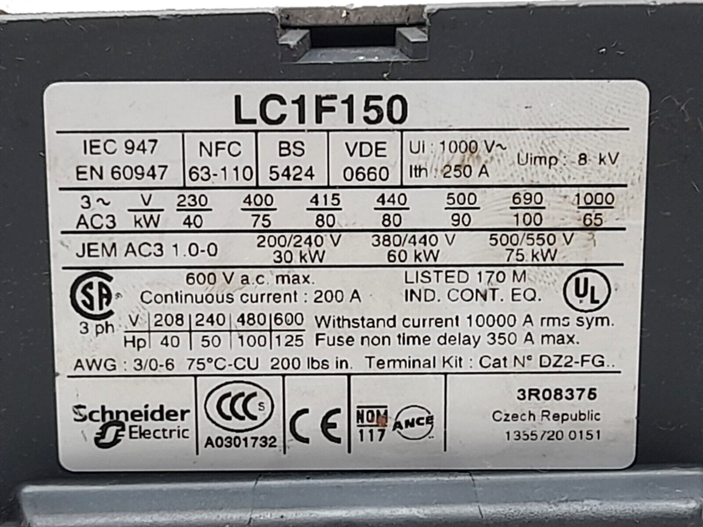 Telemecanique LC1 F150 Schneider LC1F150 Contactor LX1 FF 095 600VAC Max 200A