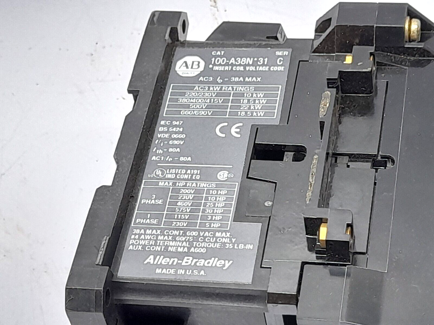 Allen Bradley 100-A38ND31 Ser C Contactor 110V50Hz 120V60Hz A38 195-GAO1 Ser A