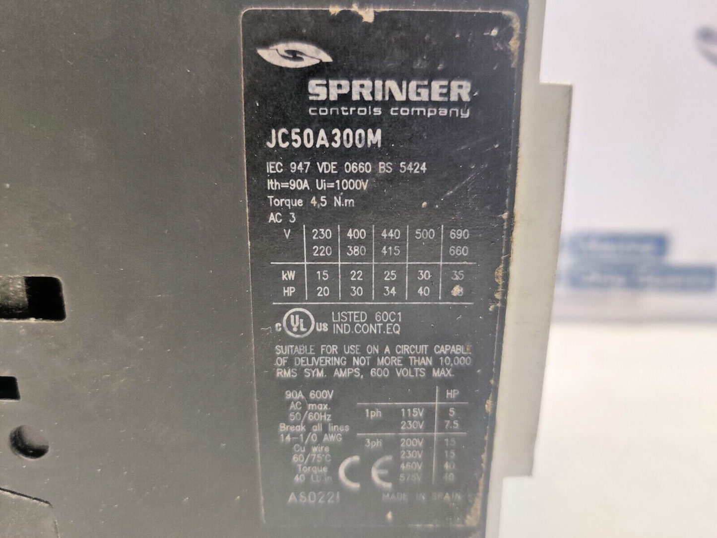 Springer JC50A300M Magnetic Contactor 90A 600V AC max 50/60Hz