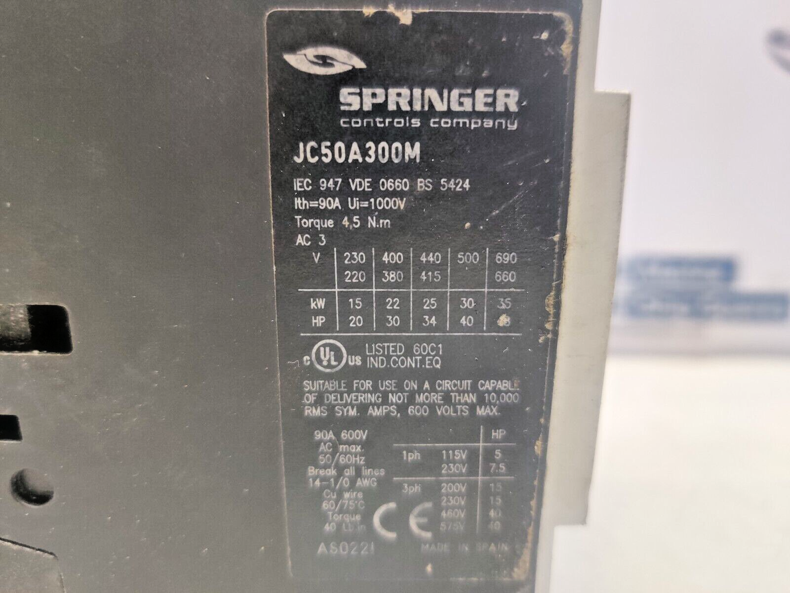 Springer JC50A300M Magnetic Contactor 90A 600V AC max 50/60Hz