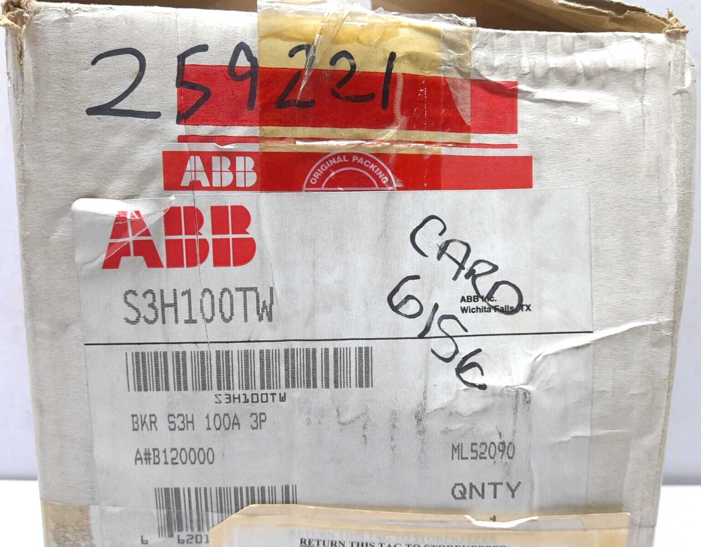 ABB SACE S3 S3H100TW Circuit Breaker S3H 100A BKR S3H 100A 3P