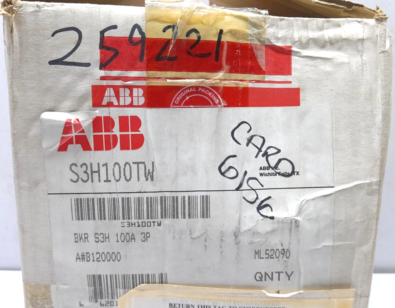 ABB SACE S3 S3H100TW Circuit Breaker S3H 100A BKR S3H 100A 3P