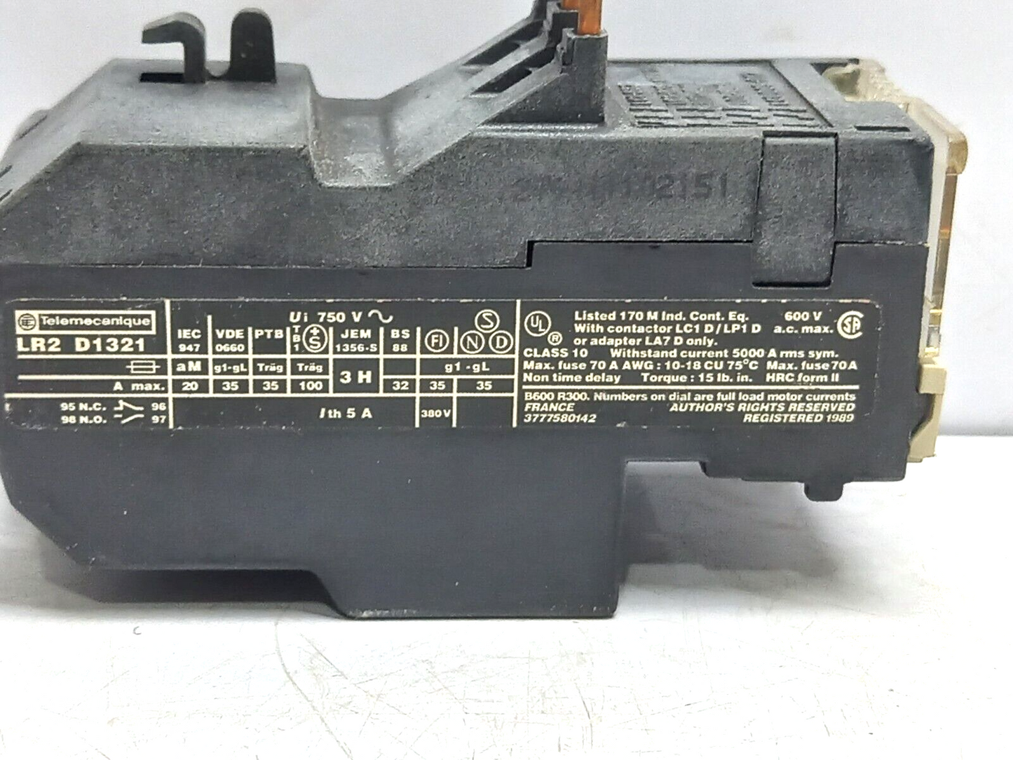 Telemecanique LR2 D1321 Thermal Overload Relay 12-18A Ui 750VAC Ith 5A