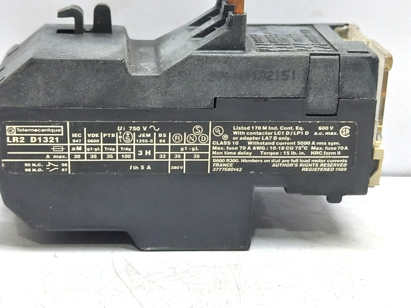 Telemecanique LR2 D1321 Thermal Overload Relay 12-18A Ui 750VAC Ith 5A
