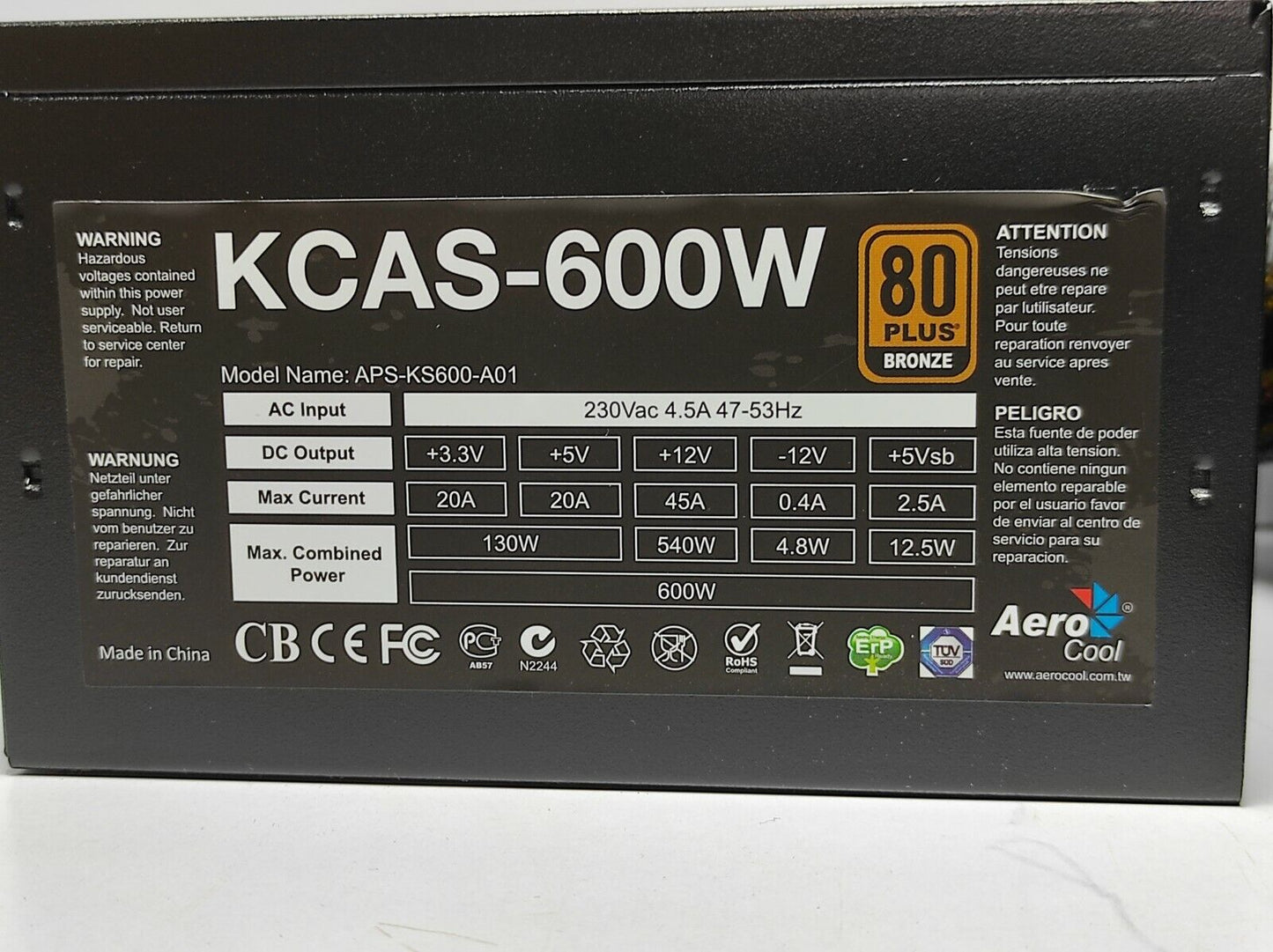 Aero Cool KCAS-600W Power Supply APS-KS600-A01