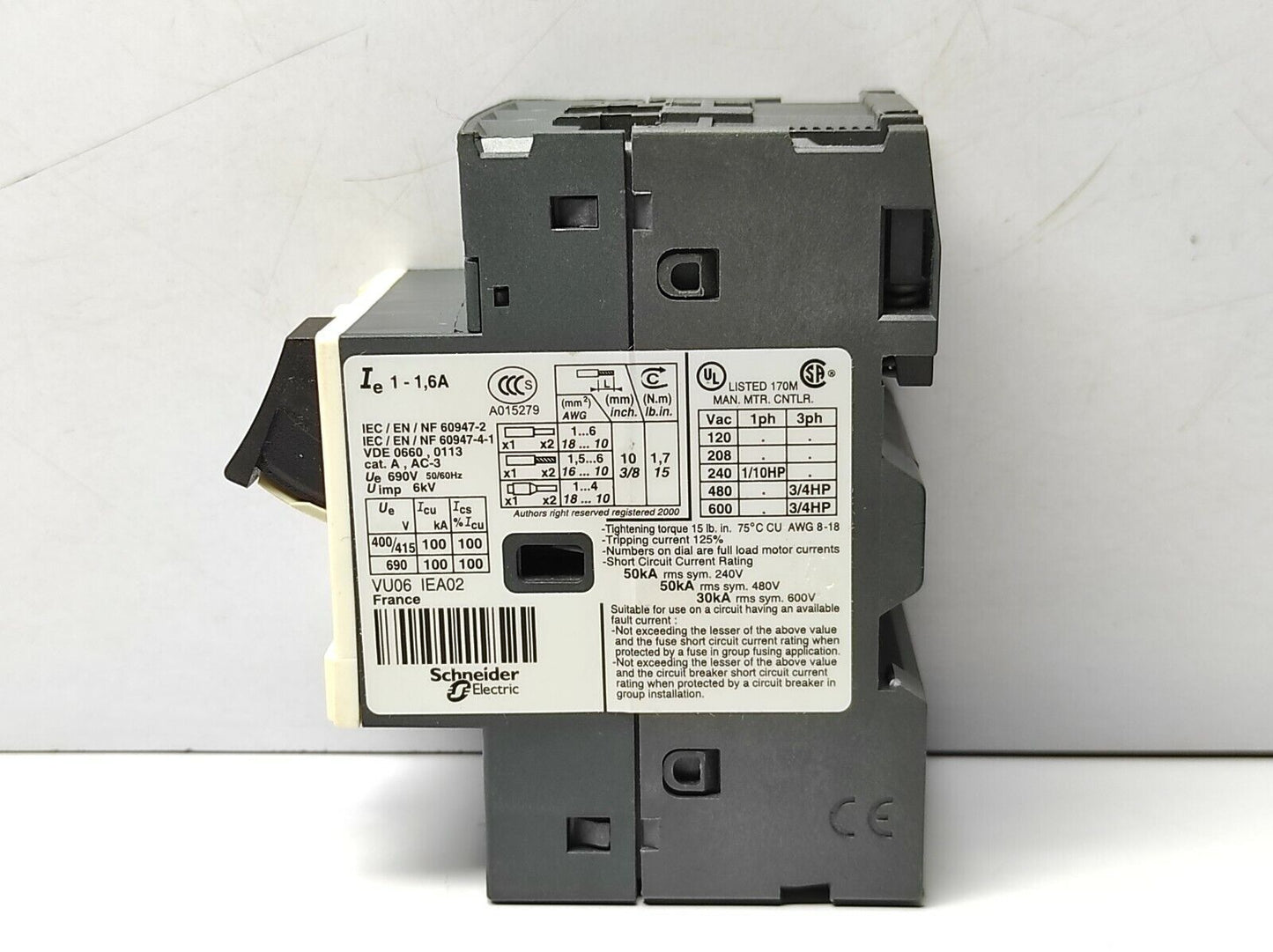 Telemecanique GV2ME06 Starter Ie 1-1.6A Ue 690V 50/60Hz Uimp 6kV