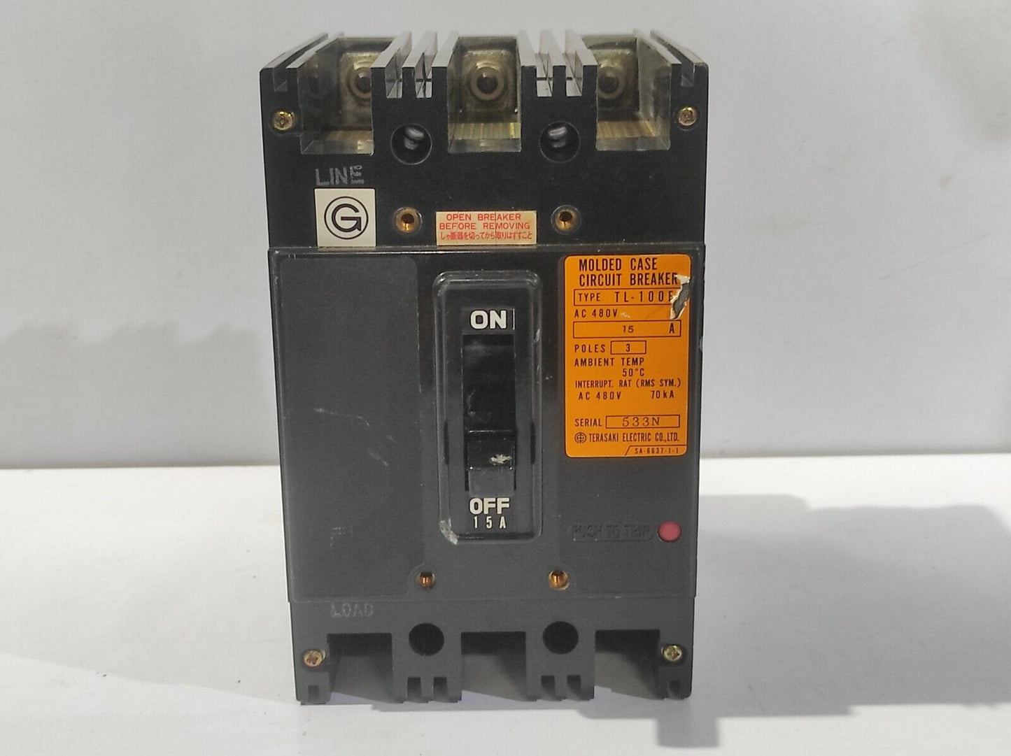 Terasaki TL-100E Circuit Breaker 15A Molded Case Circuit Breaker AC 480V Poles 3