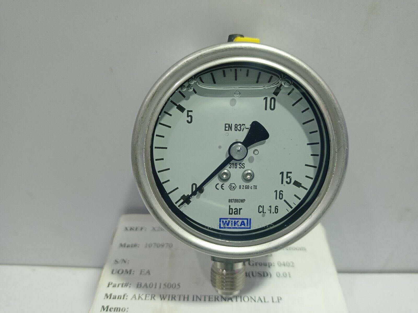 Wika 233.50.63 Pressure Gauge 0-16 Bar 897080WP 316SS