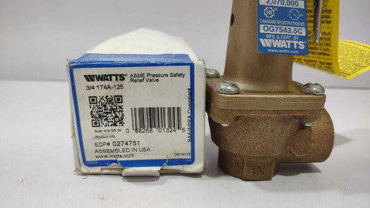 Watts ¾ 174A-125 ASME Pressure Safety Relief Valve Hobart 00-082010
