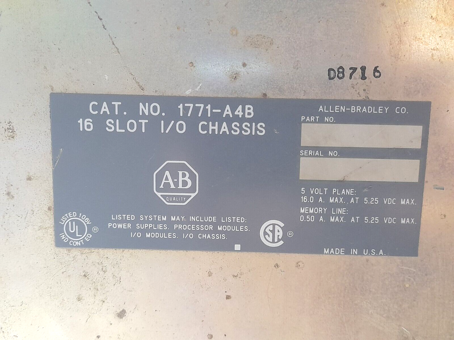 Allen Bradley 1771-A4B 16 Slot I/O Chassis With 1771-ASB E Remote I/O Adapter Mo