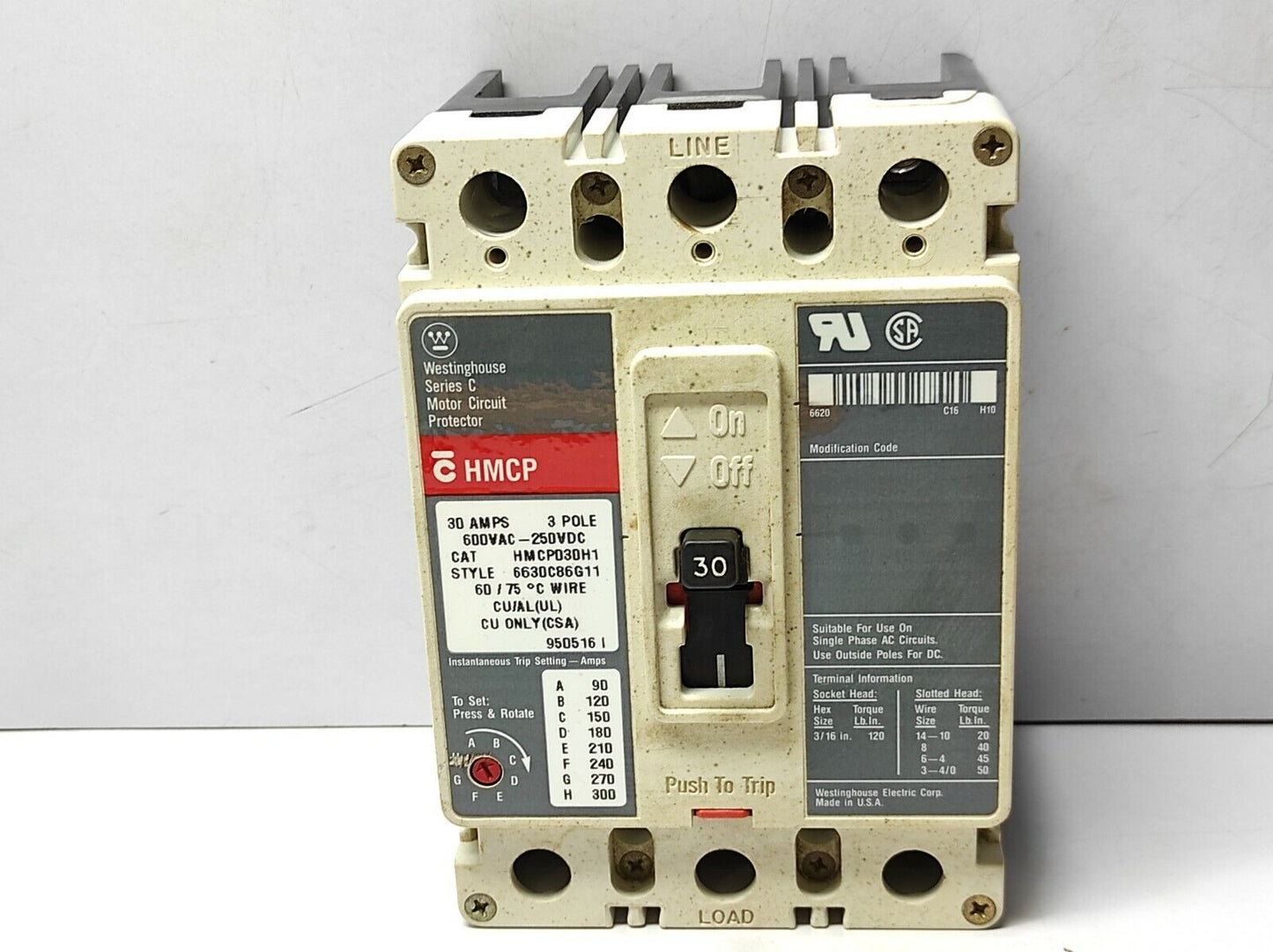 Westinghouse HMCP030H1 Ingersoll Rand 39124235 Circuit Breaker 30Amps 3Pole 600V