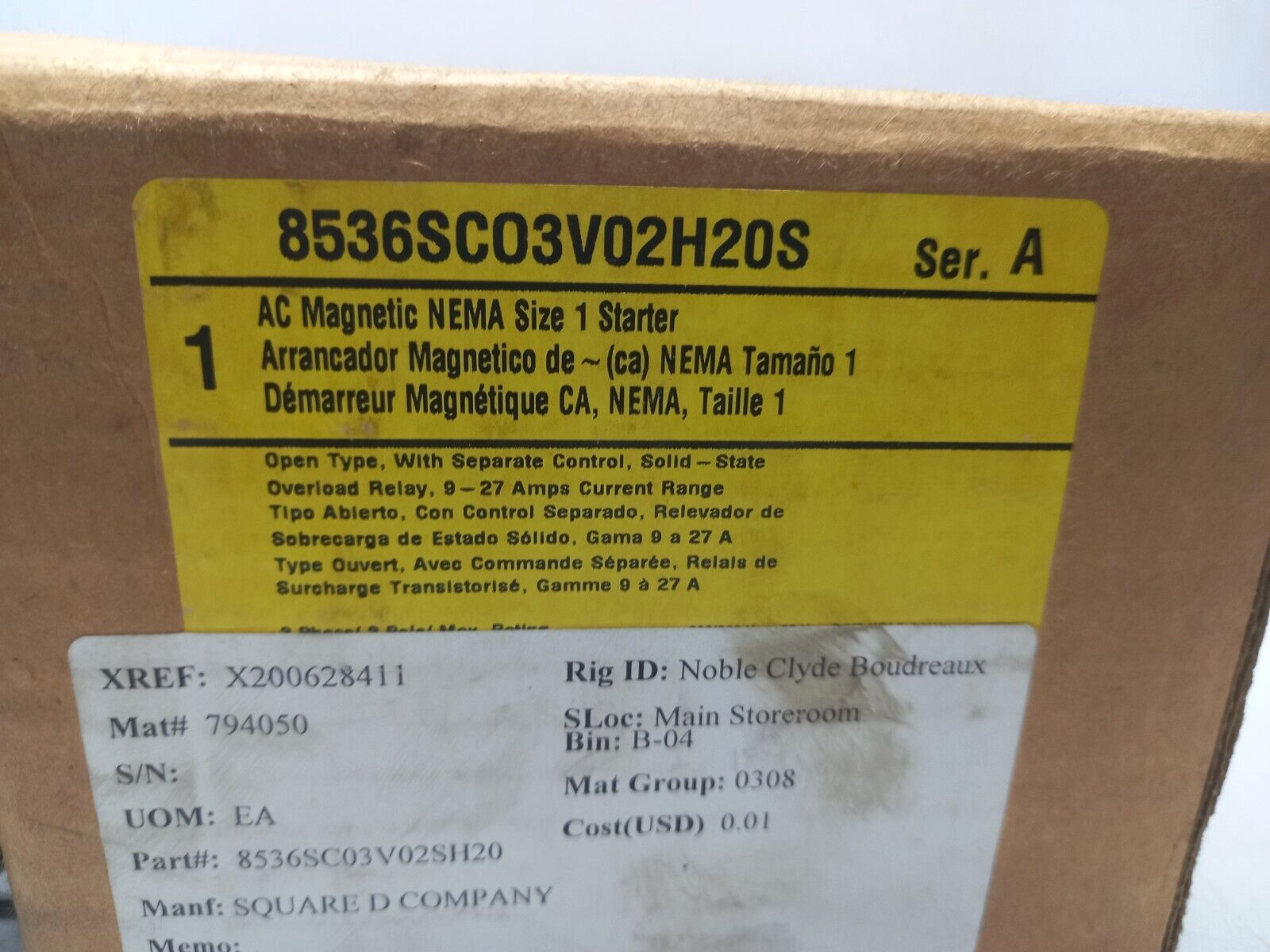 Square D 8536SCO3V02H20S Ser A AC Magnetic NEMA Size 1 Starter 110V50HZ 120V60Hz
