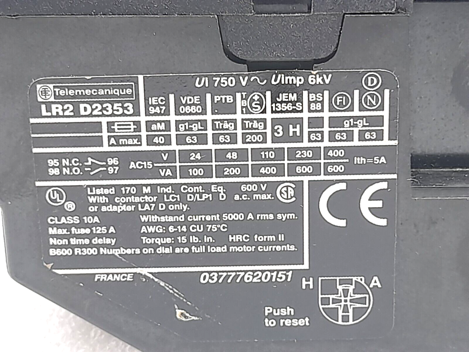 Telemecanique LR2 D2353 Thermal Overload Relay 23-32A LR2 D23 Ui 750V~ Uimp 6kV