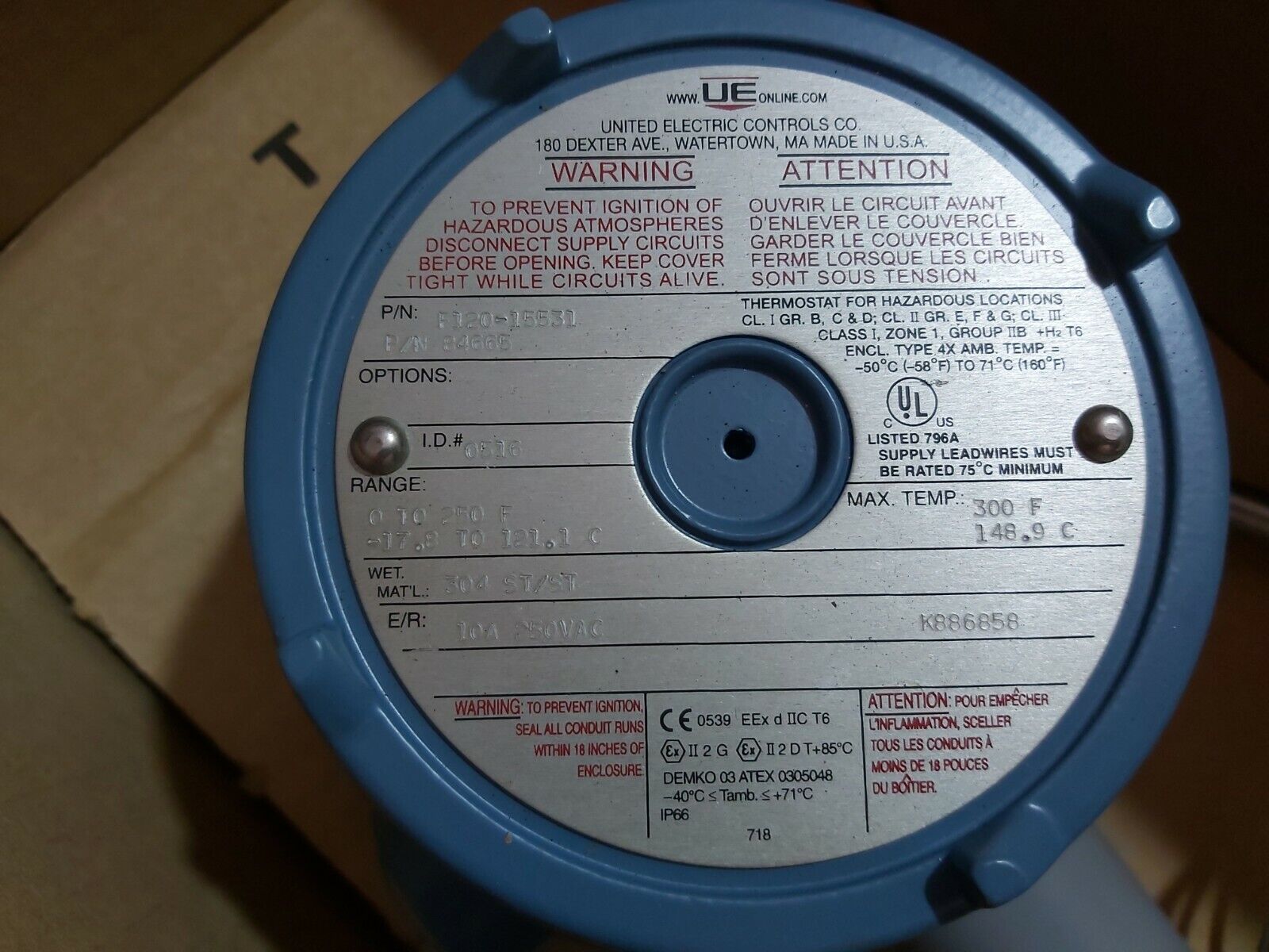 UNITED ELECTRIC F120-15531 P/N-84665 TEMPERATURE SWITCH 0-250 F 