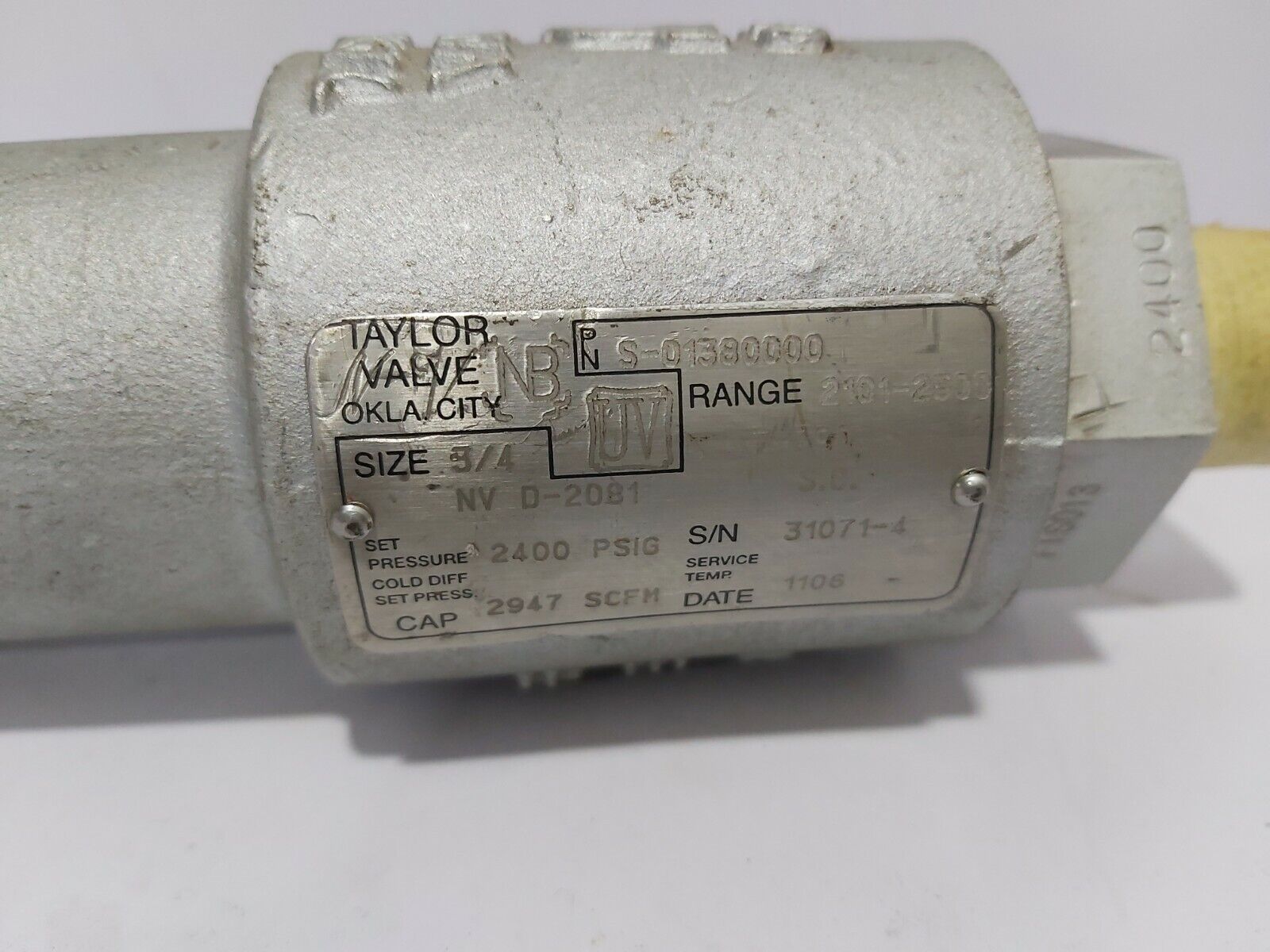 TAYLOR VALVE S-01380000 SIZE:3/4" 2400-PSIG RELIEF VALVE S01380000
