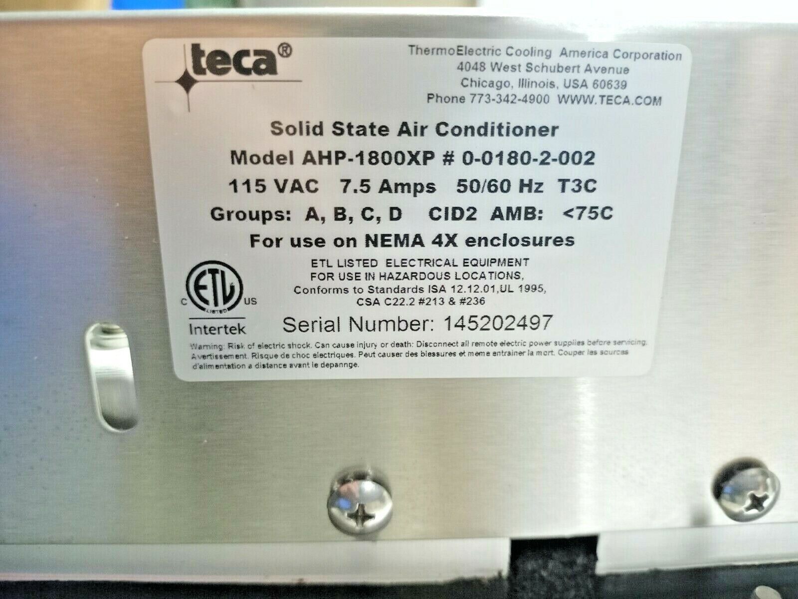Teca AHP-1800XP # 0-0180-2-002 Solid State Air Conditioner 115V 7.5A 50/60Hz T3C
