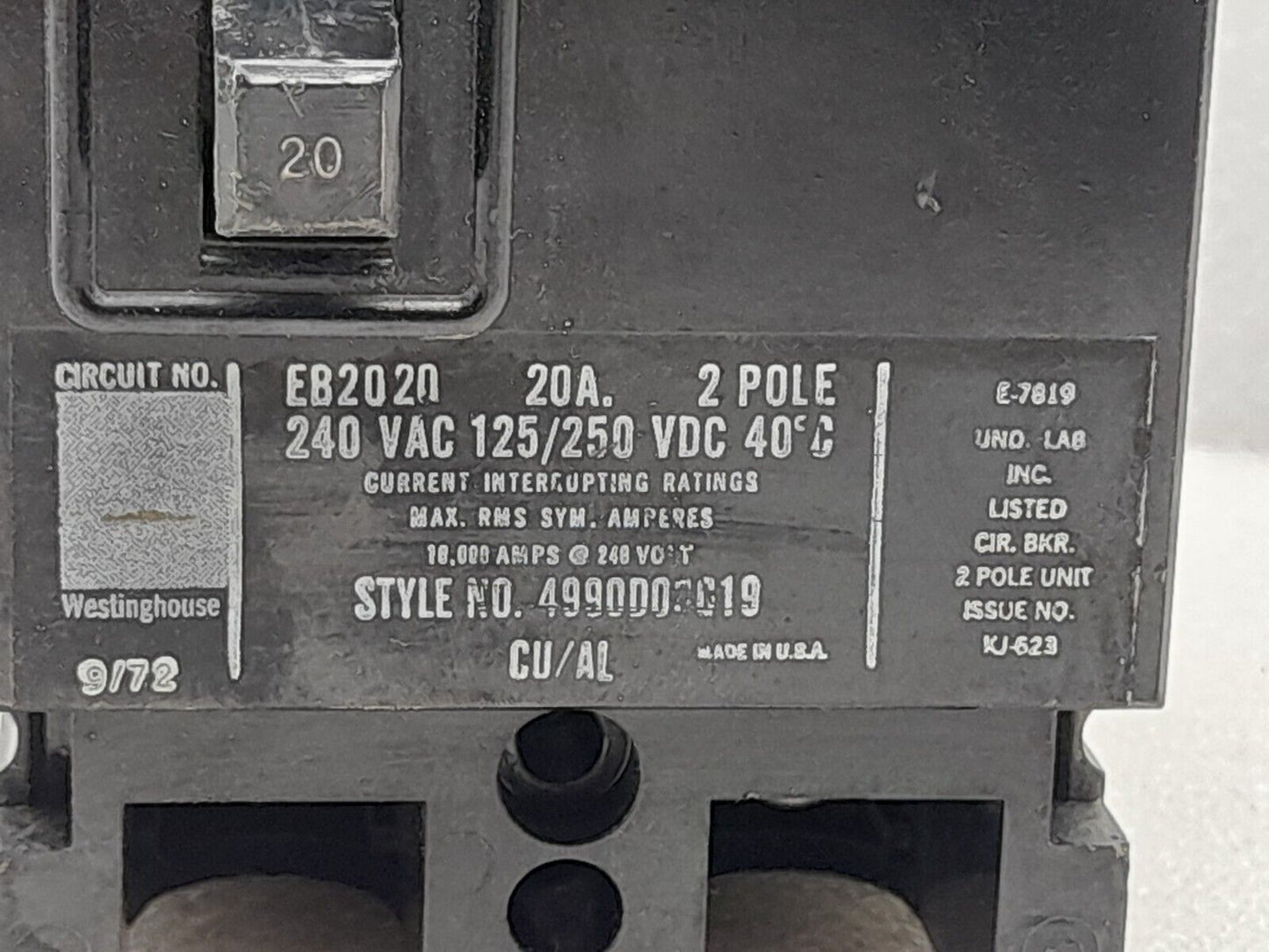 Westinghouse EB2020 Circuit Breaker 20A 2P 240VAC 125/250VDC