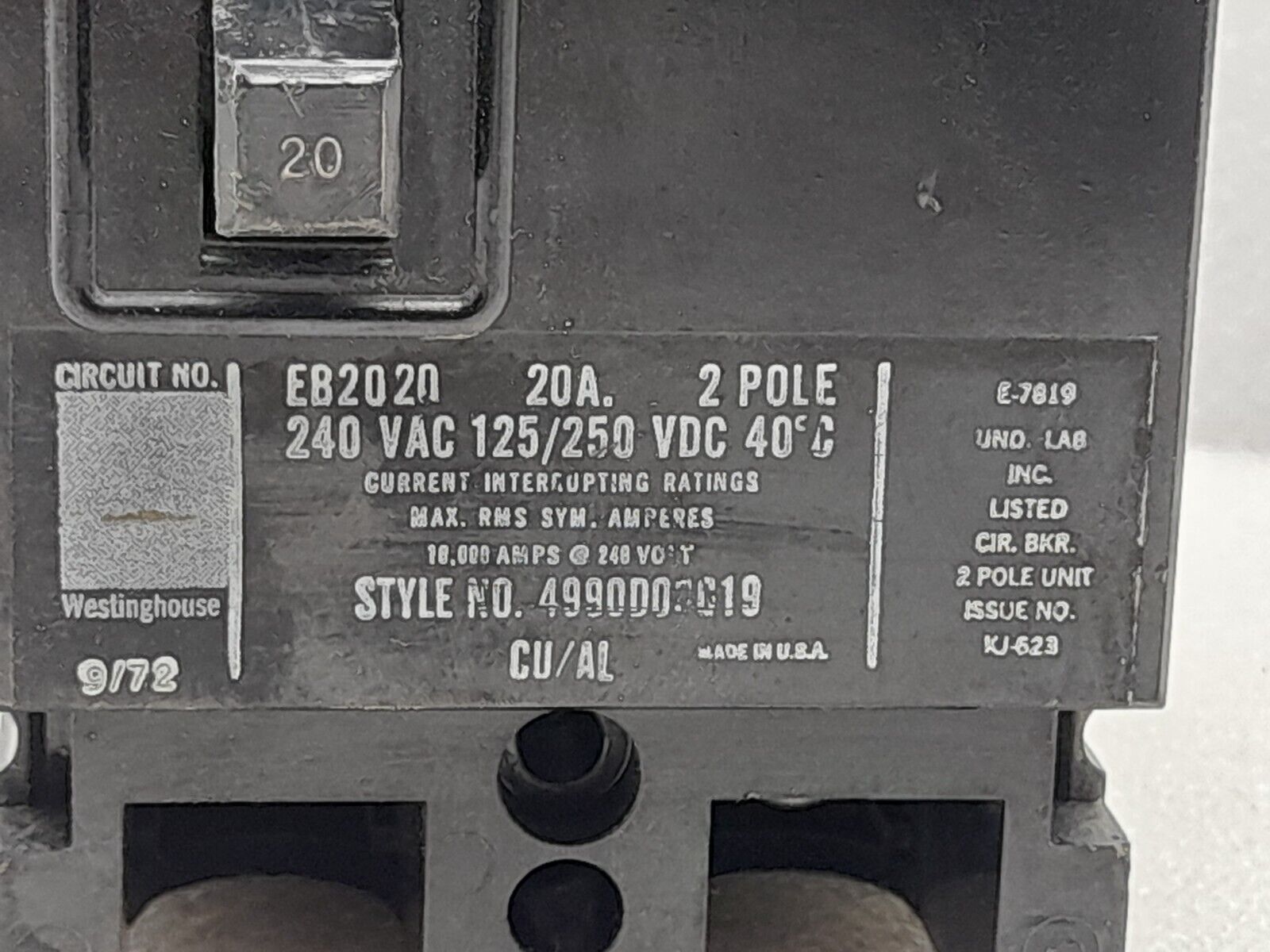 Westinghouse EB2020 Circuit Breaker 20A 2P 240VAC 125/250VDC