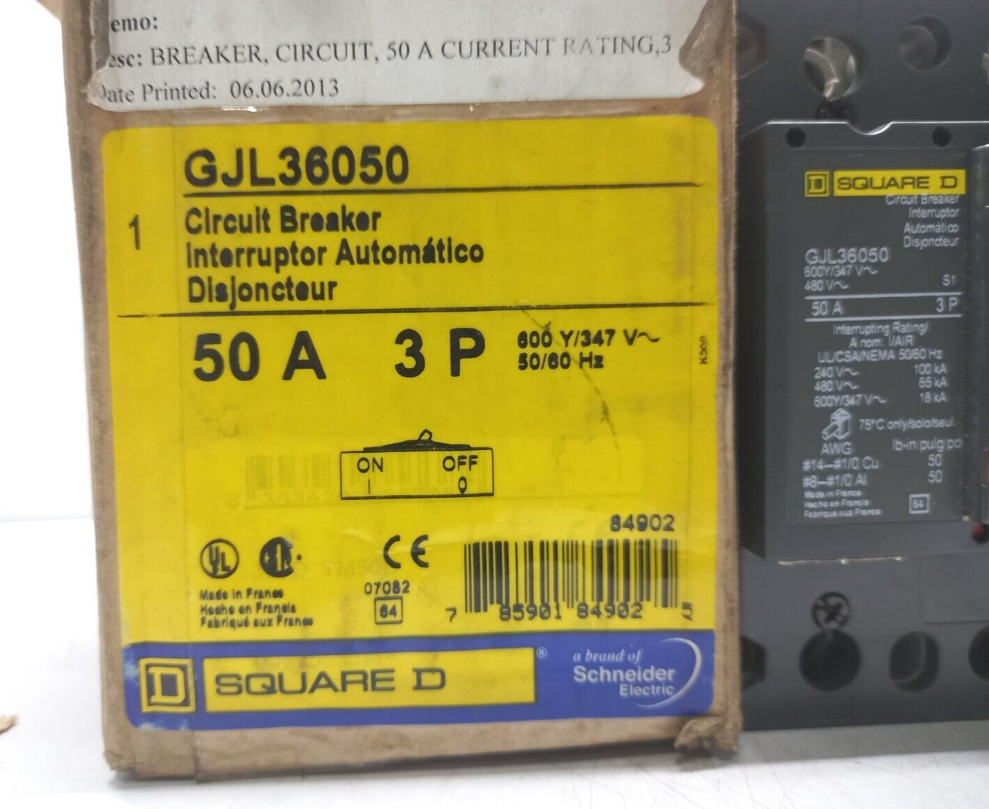Square D GJL36050 Circuit Breaker 50A 3P 600Y/347V 480V 50/60Hz Made in France