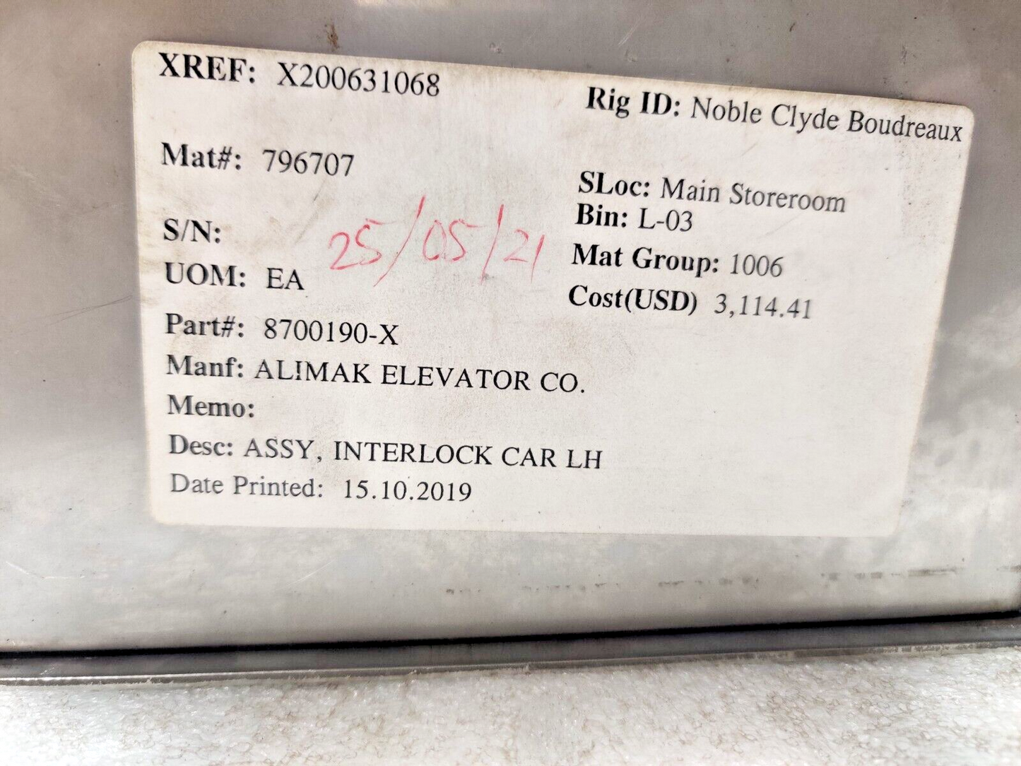 Alimak 8700190 Elevator Approved Interlock 250VAC 2A