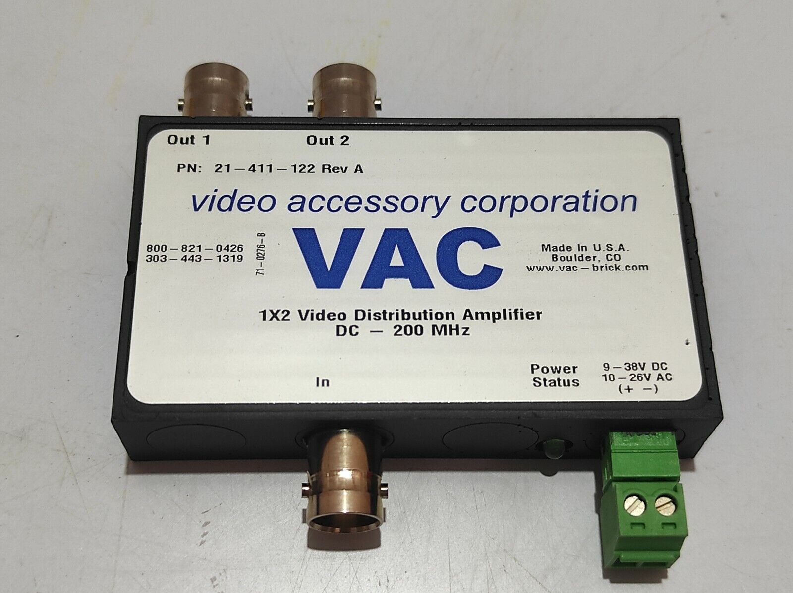 VAC 21-411-122 Rev A 1X2 Video Distribution Amplifier