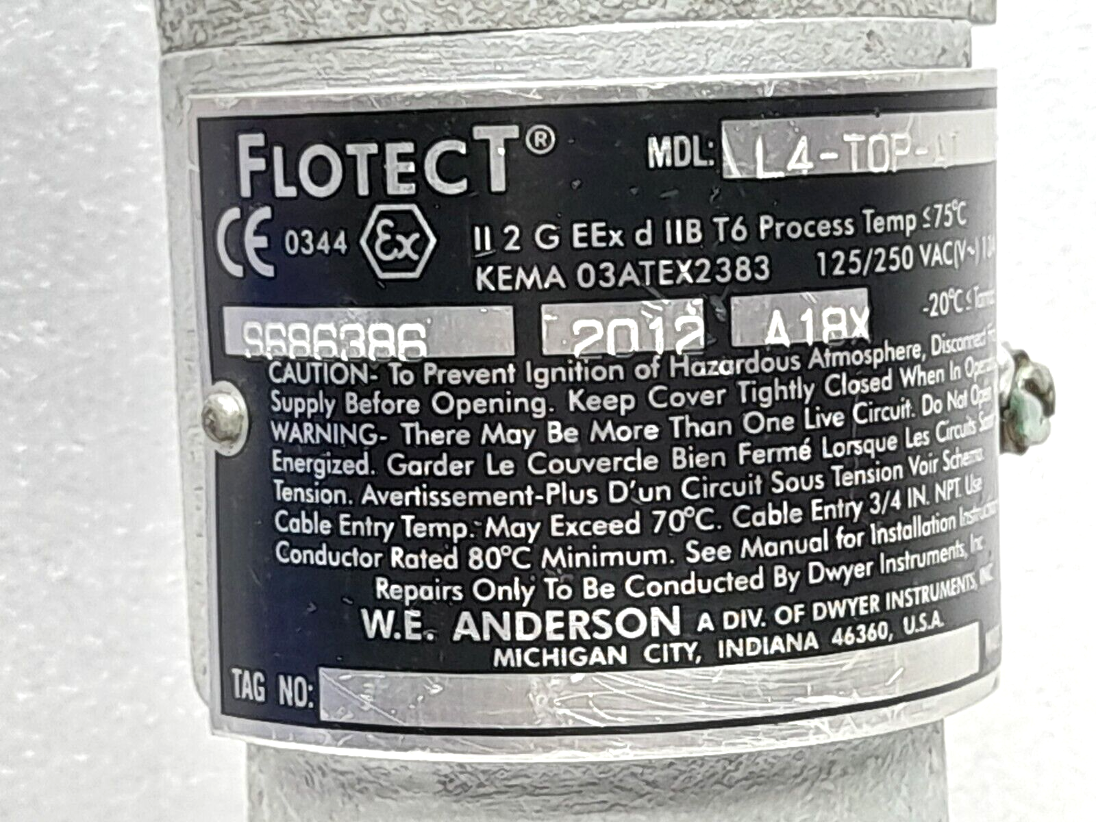 W E Anderson Flotect L4-TOP-AT S686386 Float Switch 125/250VAC 10A Max