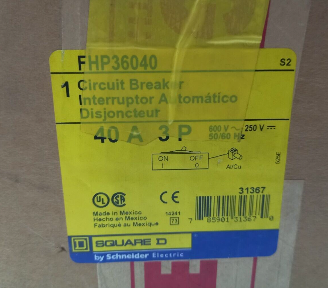 Square D FHP36040 Circuit Breaker 40A 3P 600VAC 250VDC 50/60Hz FH 40A