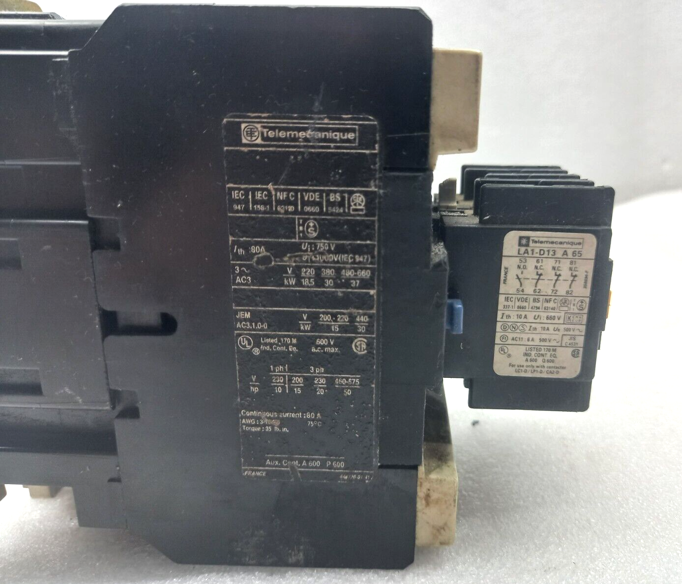 Telemecanique LC1-D65 Contactor 600V a.c.max Telemecanique LA1-D13A65