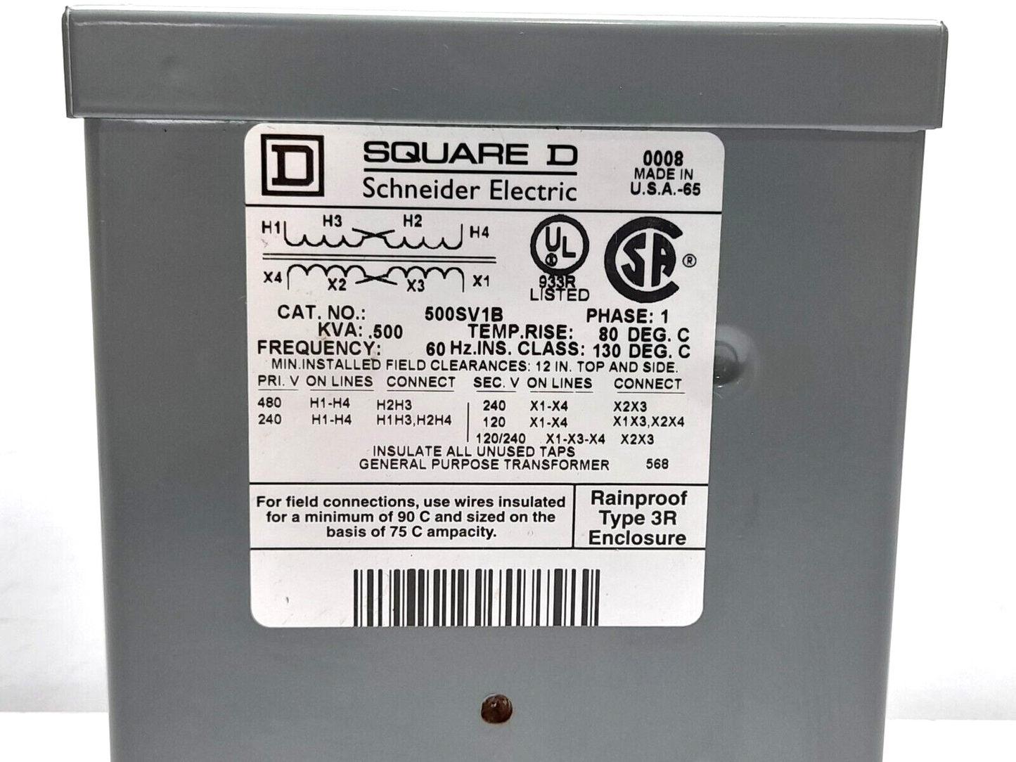 Square D 500SV1B General Purpose Transformer Pri 240x480V Sec 120-240V .500kVA