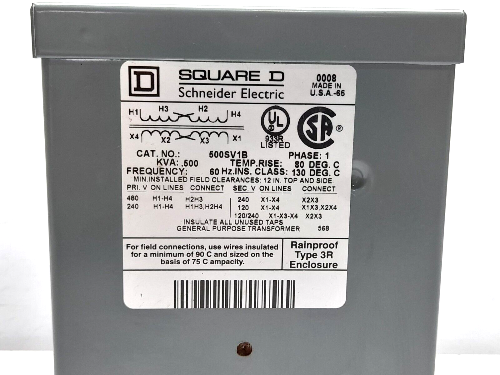 Square D 500SV1B General Purpose Transformer Pri 240x480V Sec 120-240V .500kVA