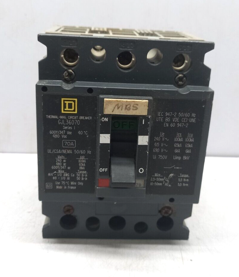 Square D GJL36070 Thermal Magnetic Circuit Breaker 70A 600Y/347 VAC 480VAC