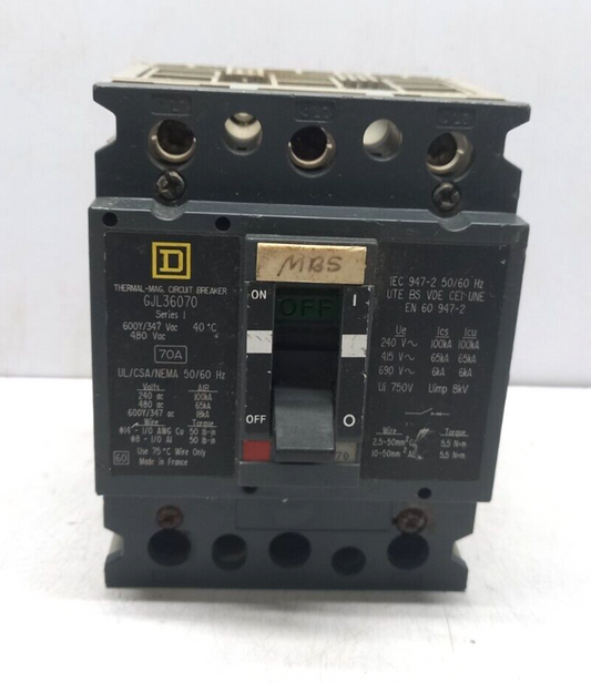 Square D GJL36070 Thermal Magnetic Circuit Breaker 70A 600Y/347 VAC 480VAC