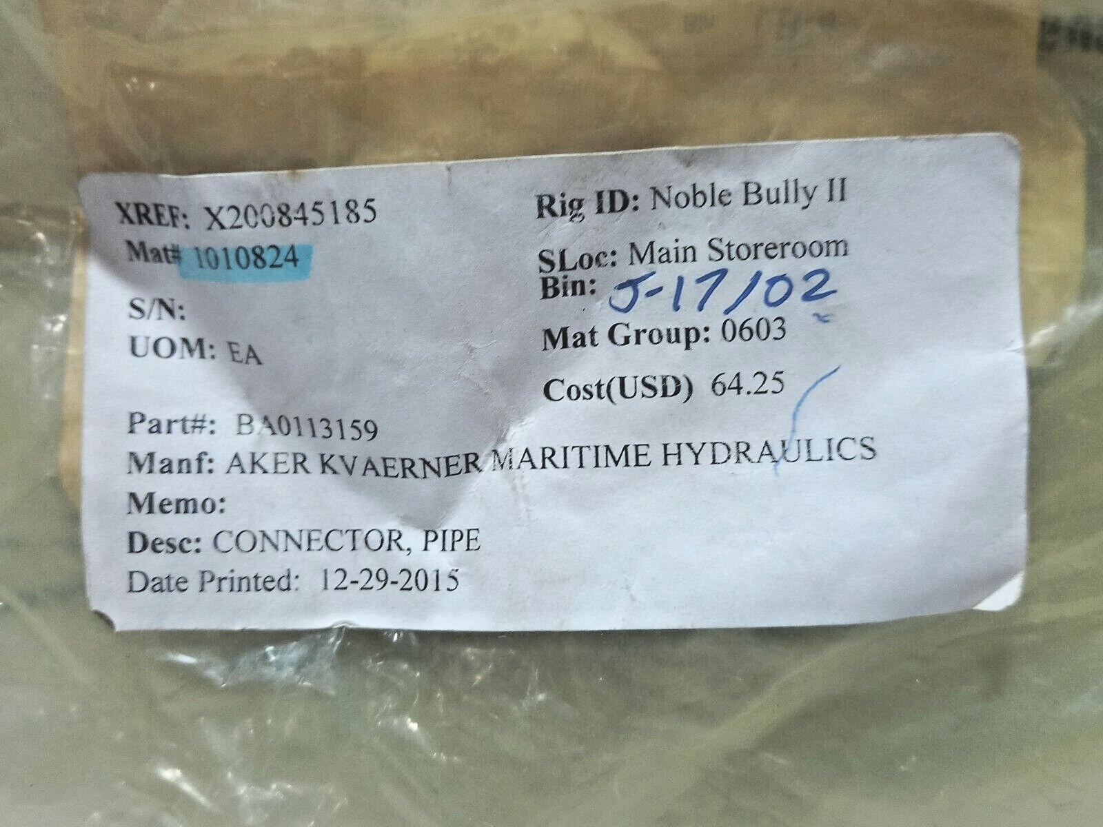 AKER KVAERNER BA0113159 Pipe Connector