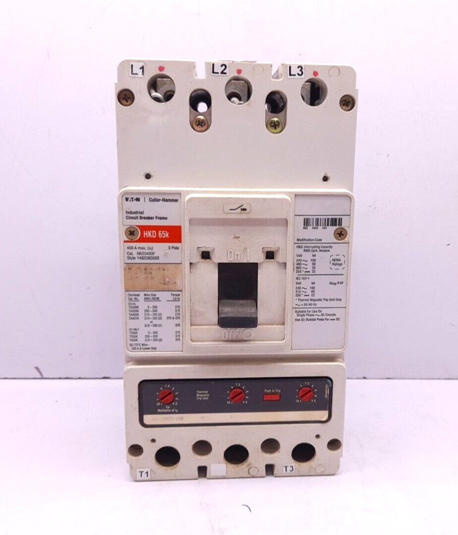 Eaton HKD3400F Circuit Breaker 1492D82G03 400A Max 3 Pole With 200A Trip Unit