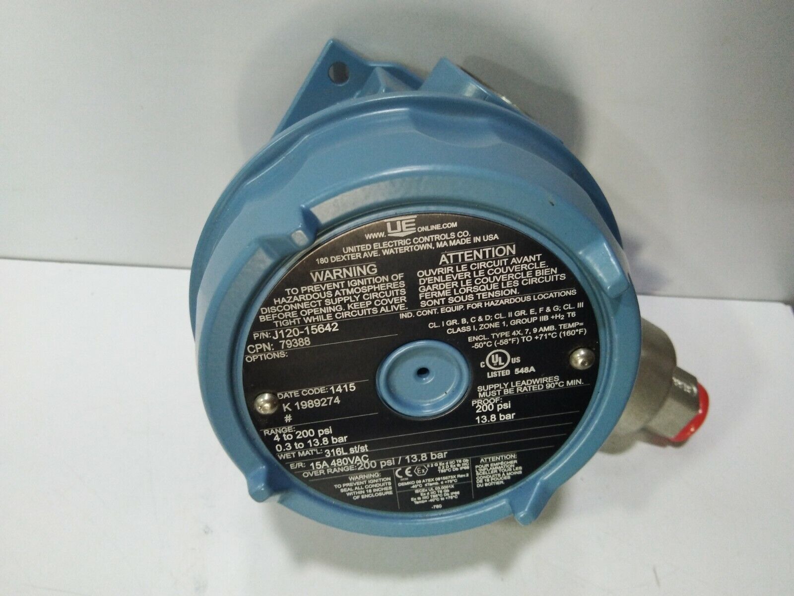 UNITED ELECTRIC J120-15642 PRESSURE SWITCH J12015642 4 TO 200PSI 0.3 TO 13.8BAR