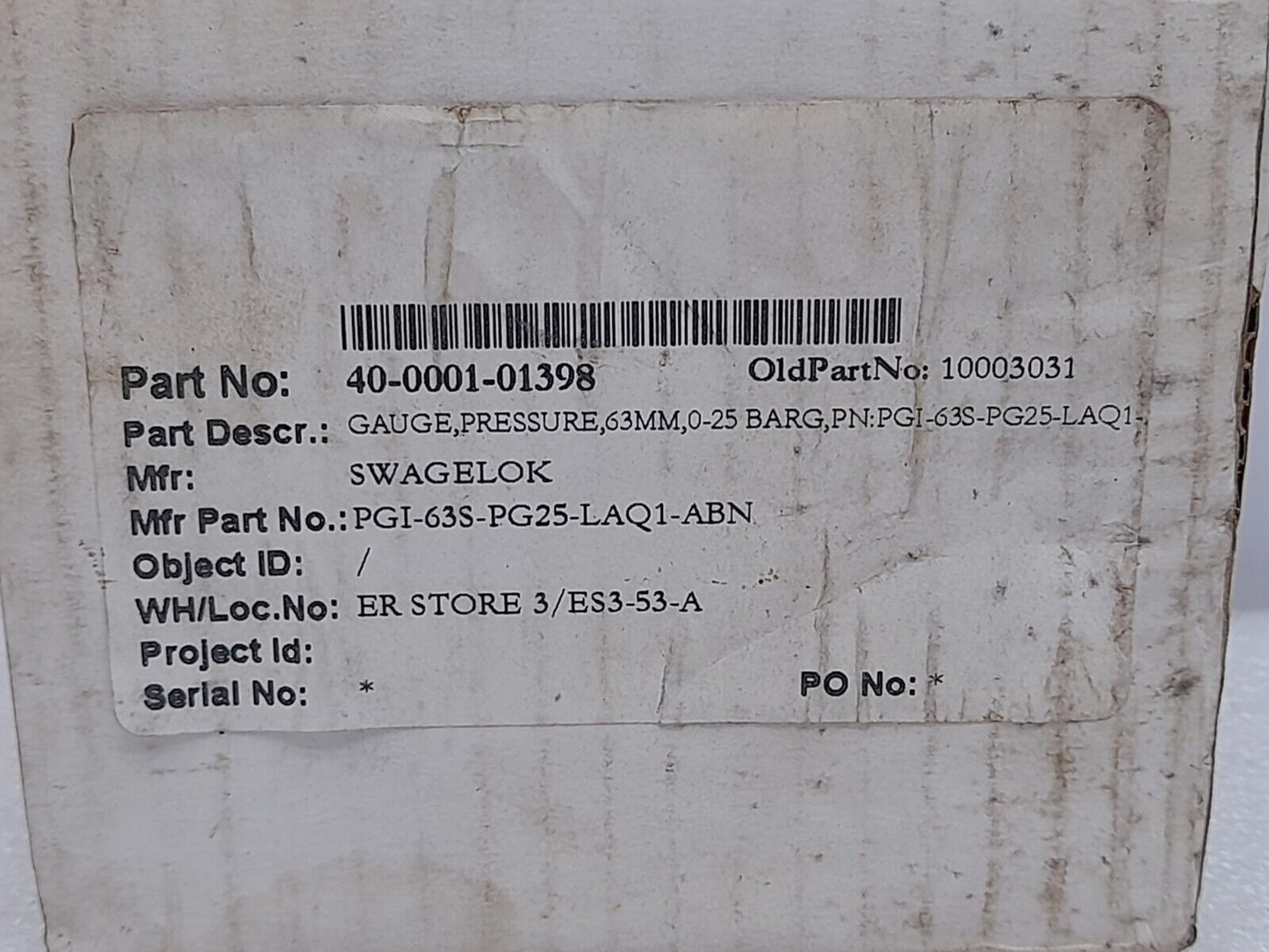 Swaglok PGI-63S-PG25-LAQ1-ABN Pressure Gauge 0-25 Bar 0-360 PSI PGI-63S-PG25-LAQ