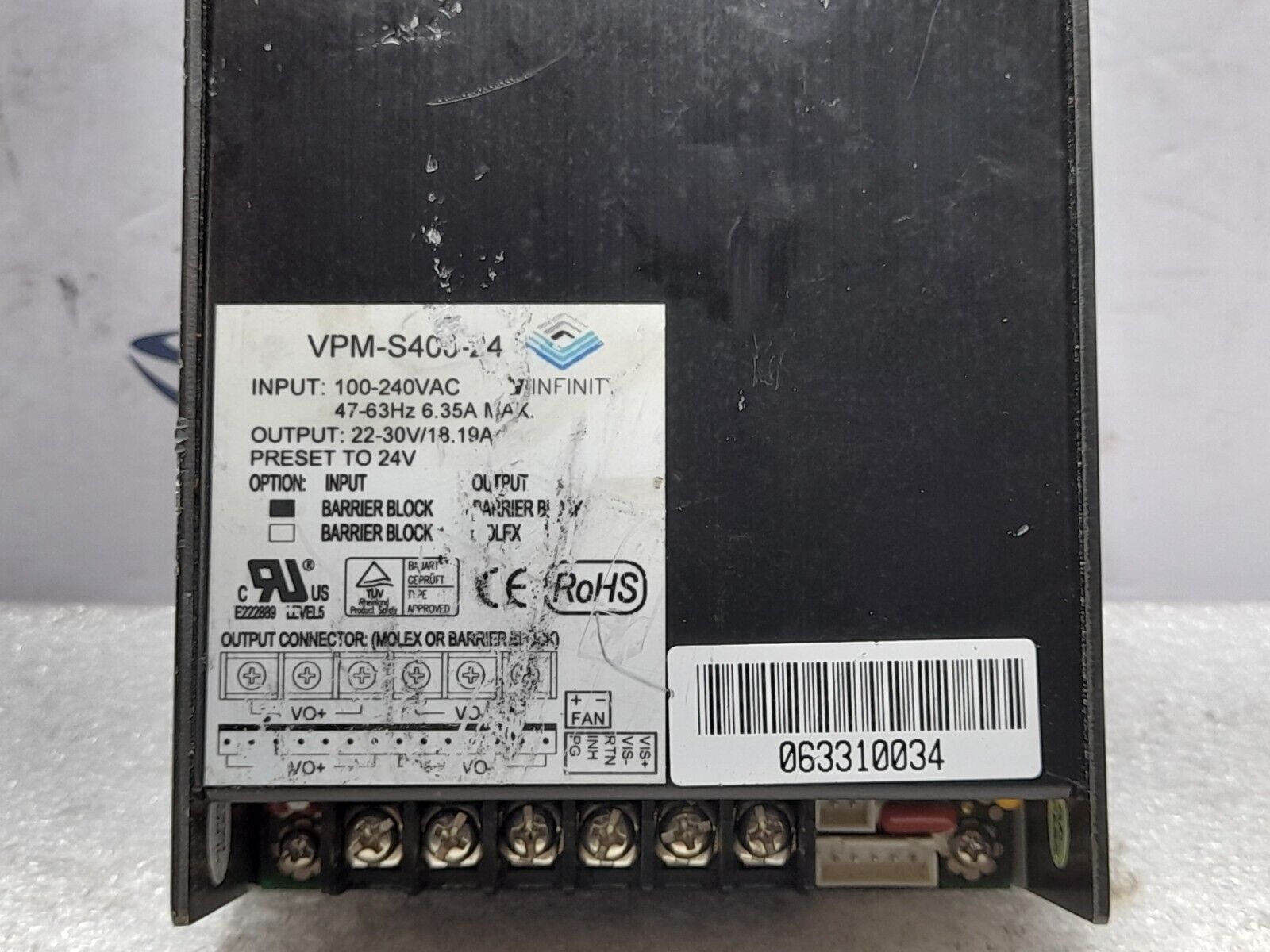 V Infinity VPM-S400-24 Power Supply In 100-240VAC 47-63Hz 6.35A Max Out 22-30V 1