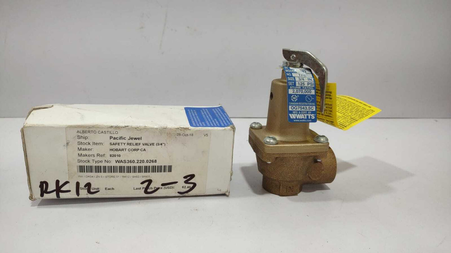 Watts ¾ 174A-125 ASME Pressure Safety Relief Valve Hobart 00-082010