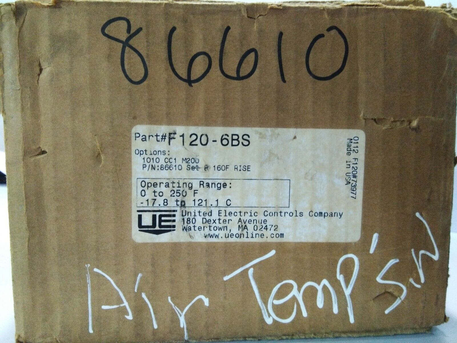 UNITED ELECTRIC F120-6BS TEMPERATURE SWITCH F1206BS P/N:86610 160F RISE 