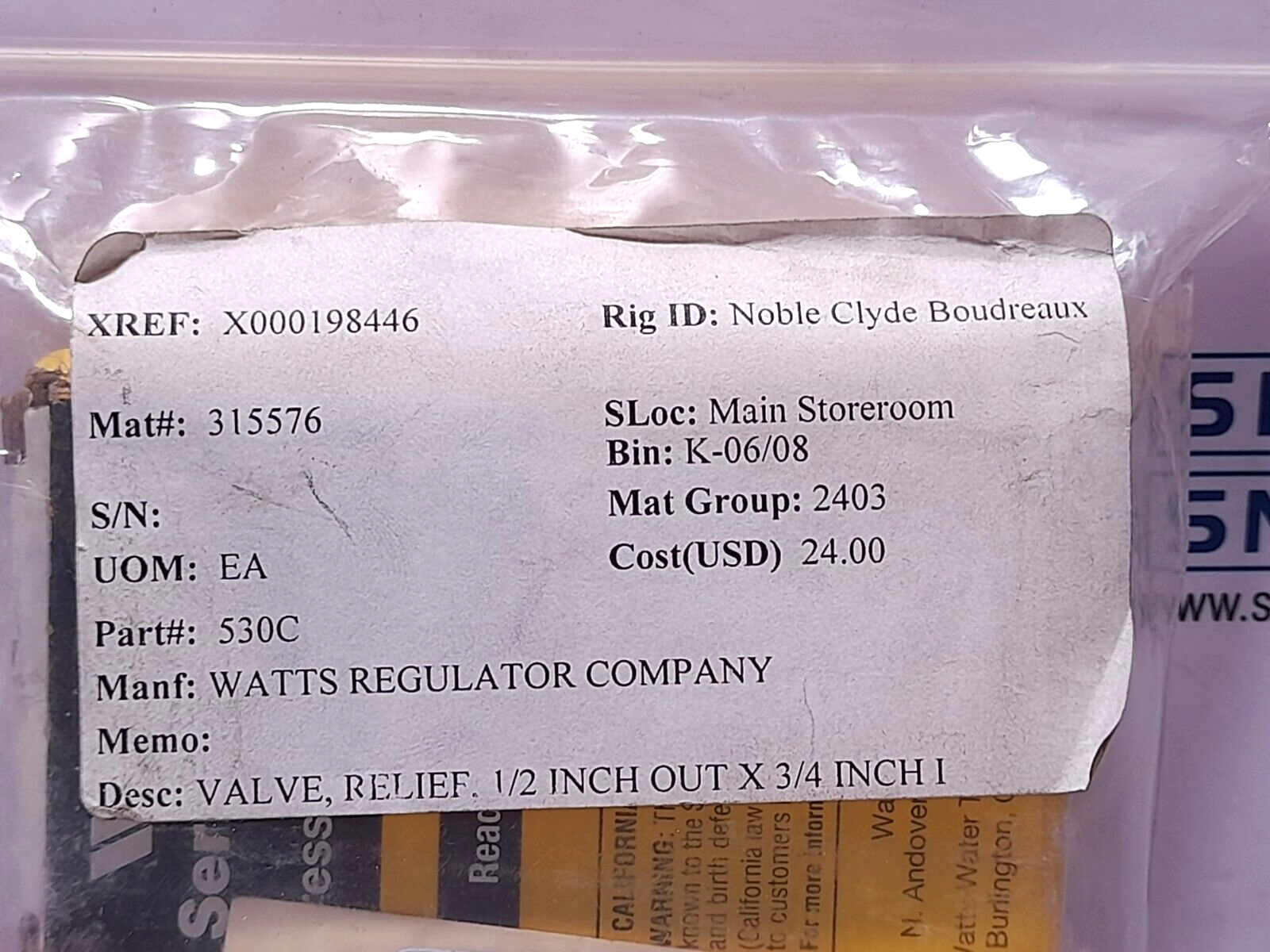 Watts 530C Pressure Relief Valve ½ Inch Out X ¾ Inch I 530-C