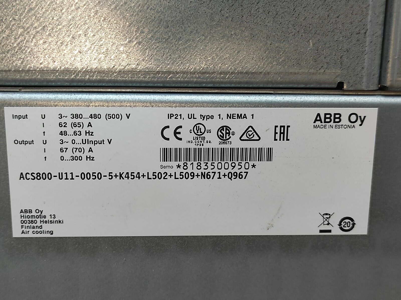 ABB ACS800-U11-0050-5+K454+L502+L509+N671+Q967 Drive ACS800-U11-0050-5