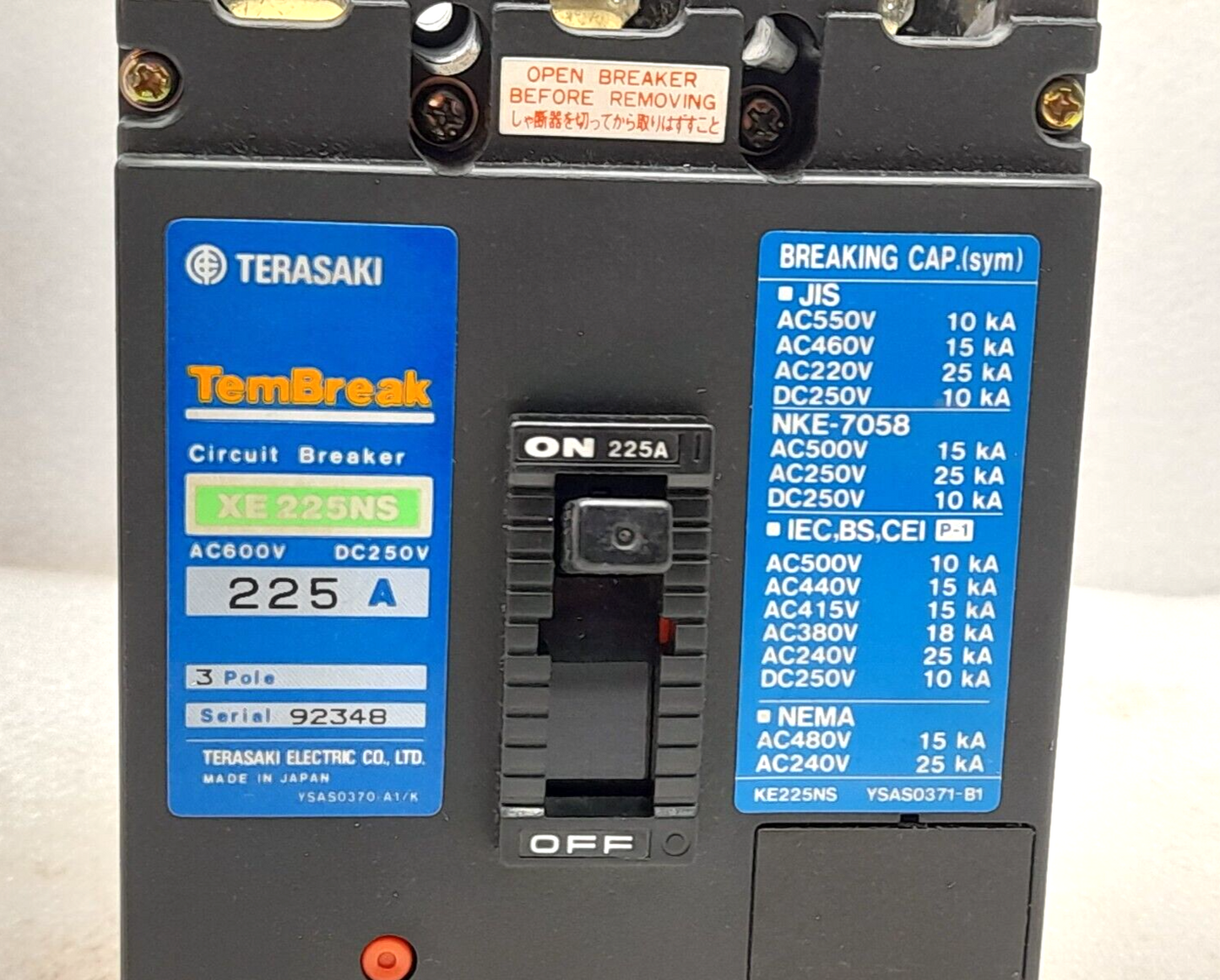 Terasaki TemBreak XE225NS Circuit Breaker 225A 3P XE 225NS