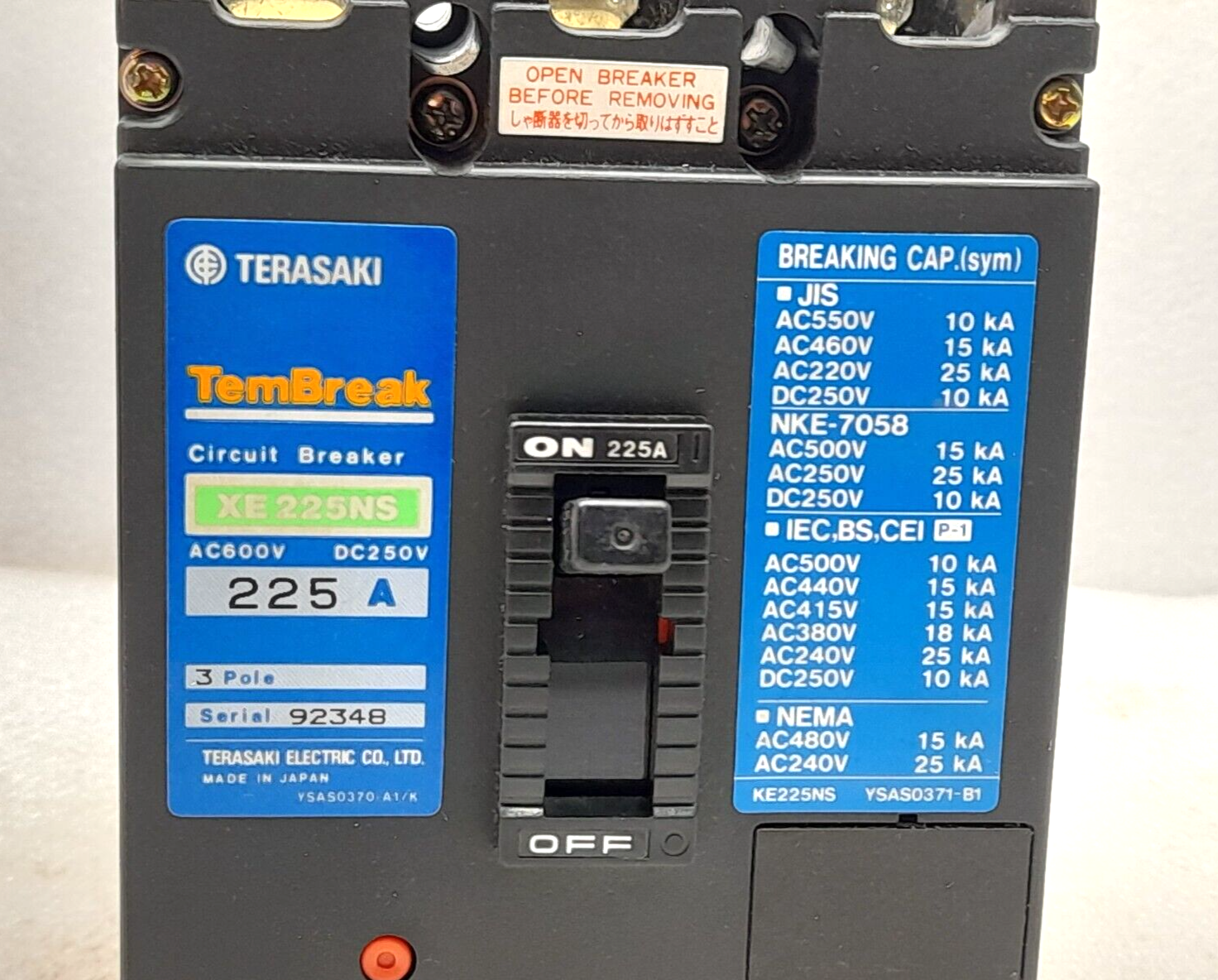 Terasaki TemBreak XE225NS Circuit Breaker 225A 3P XE 225NS