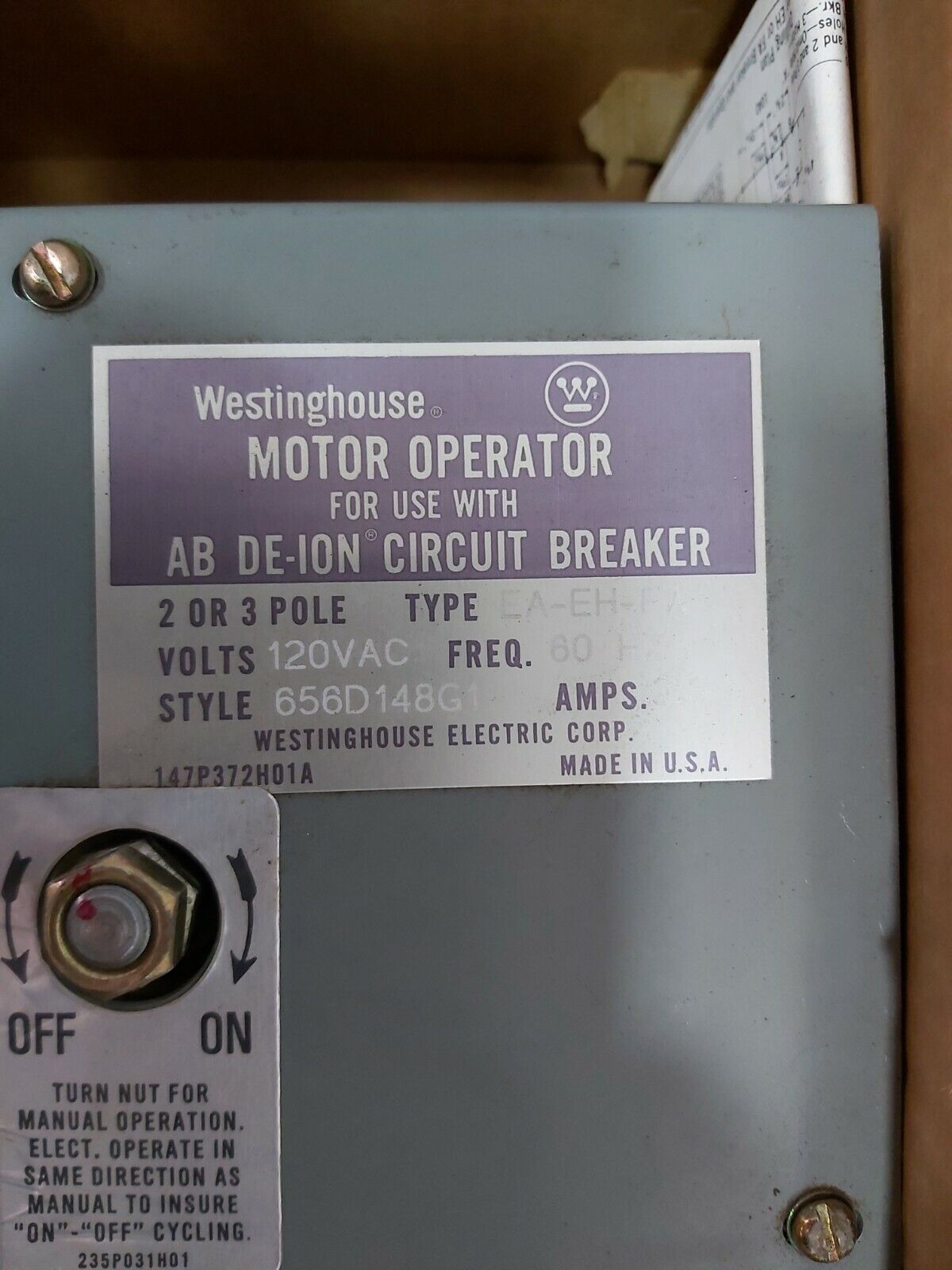 WESTINGHOUSE 656D148G11 TYPE:EA-EH-FA AB DE-ION CIRCUIT BREAKER