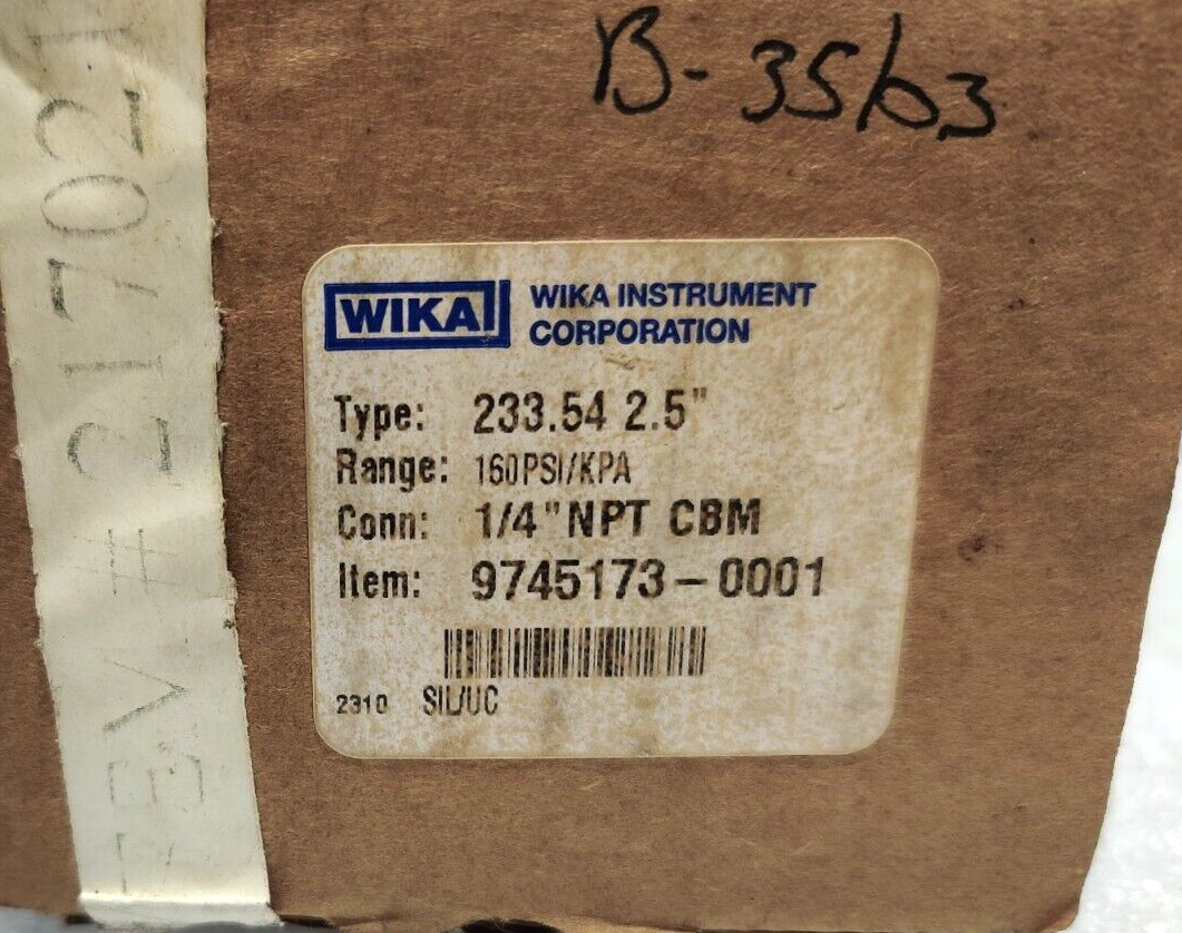 Wika 233.54 2.5” Liquid Filled Pressure Gauge 160Psi ¼” NPT CBM NOV 217021